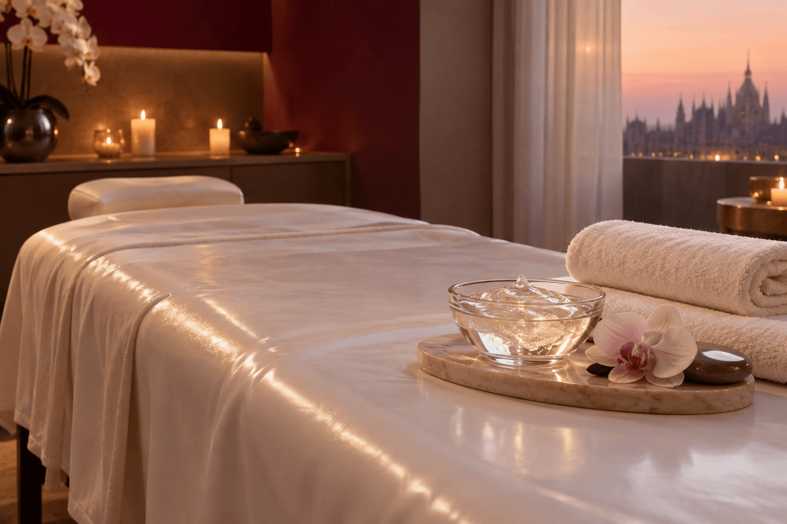 Prepared massage table with pearl drape and a bowl of massage gel