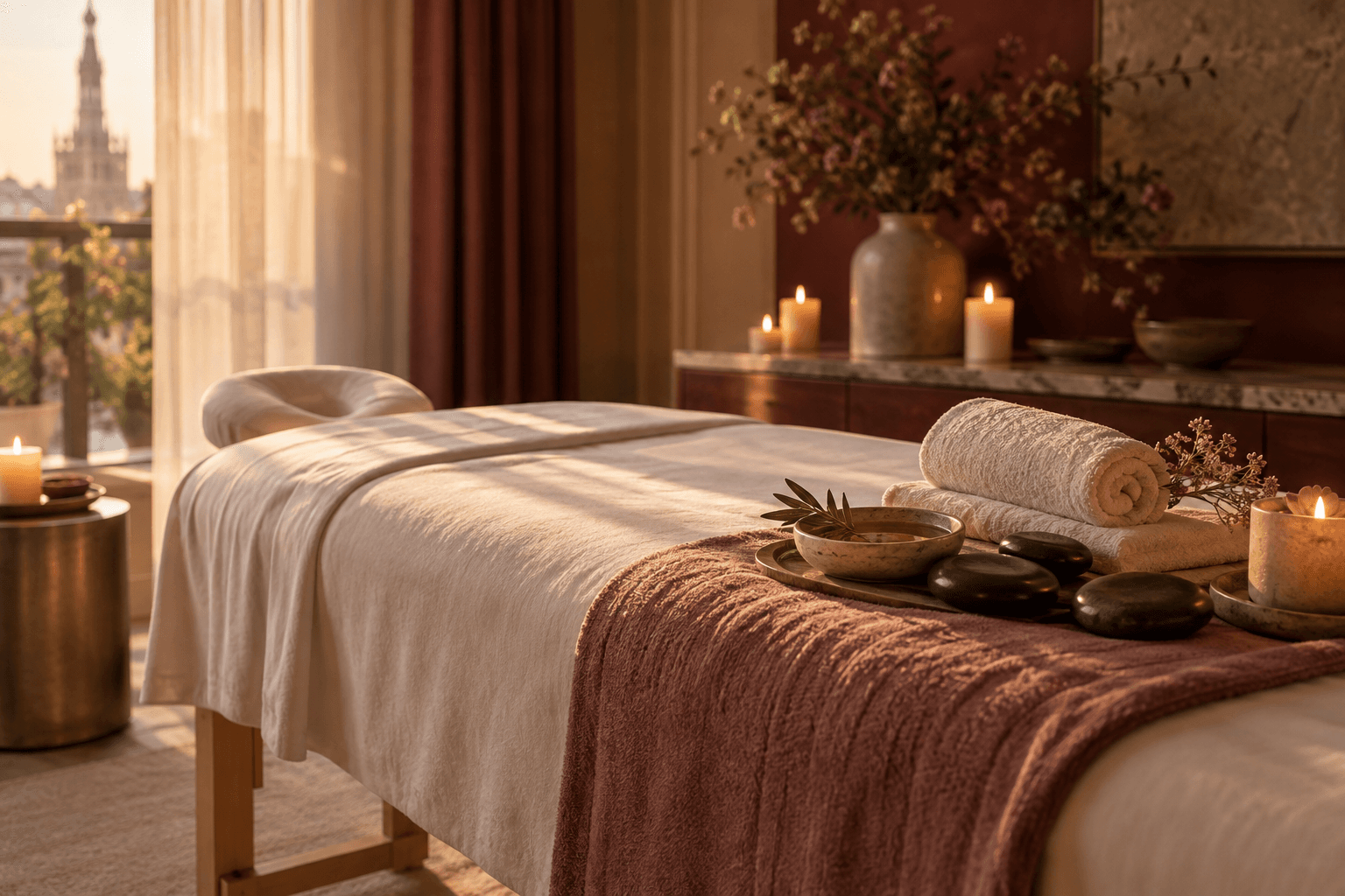 Prepared luxury massage table with linen, stones and botanical oil